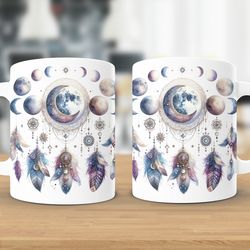 bohemian moon phases dreamcatcher mug, celestial watercolor coffee cup, unique mystic space design, gift for astrology l