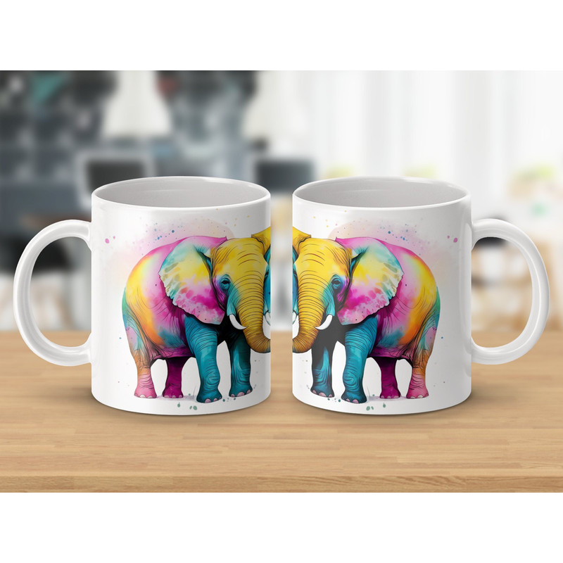 Colorful Elephant Mug, Vibrant Watercolor Art Coffee Cup, Splash Design, Wildlife Animal Kitchen Decor, Gift.jpg
