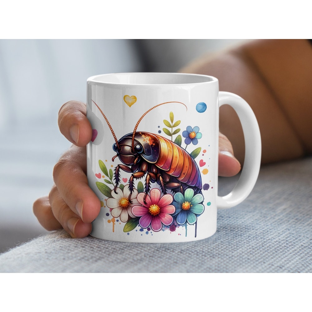 Colorful Madagascar Hissing Cockroach and Flowers Art Mug, Nature Inspired Coffee Cup, Unique Floral and Insect Gift for Entomologists.jpg