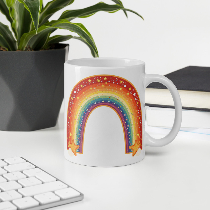 Colorful Rainbow Mug, Starry Night Rainbow Coffee Cup, Whimsical Morning Tea Mug, Unique Rainbow Lover Gift Idea.jpg