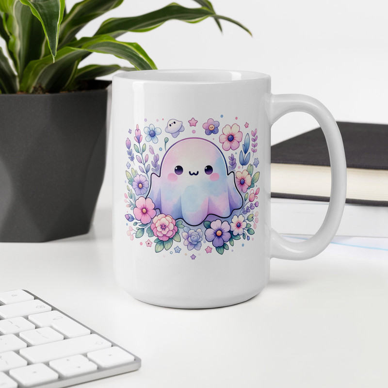 Cute Ghost Flower Mug, Whimsical Pastel Floral Ghost, Kawaii Spirit Novelty Coffee Cup, Adorable Birthday Gift, Unique Office Mug.jpg