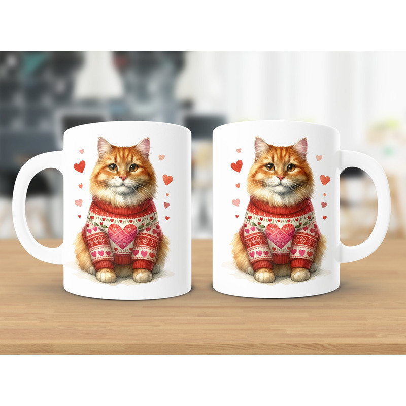 Cute Ginger Cat in Sweater Mug, Watercolor Kitty with Hearts, Coffee Lover Gift, Cat Lover's Mug, Warm Cozy Winter Ginger Cat Cup.jpg