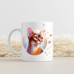 magical abyssinian cat mug, fantasy feline with stars, unique gift for cat lovers