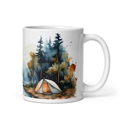 watercolor camping scene mug, forest and lake artwork mug, outdoor adventure coffee cup, campfire nature lover gift, art