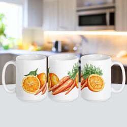 watercolor carrot and orange art mug, vegan kitchen , botanical illustration drinkware, unique gift idea for garden