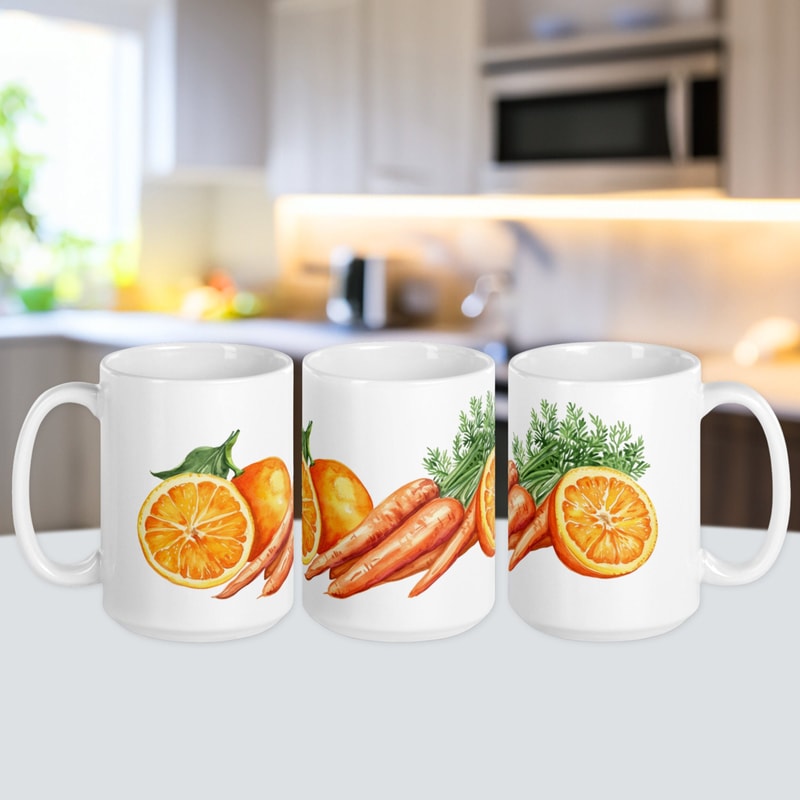 Watercolor Carrot and Orange Art Mug, Vegan Kitchen Decor, Botanical Illustration Drinkware, Unique Gift Idea for Gardeners.jpg
