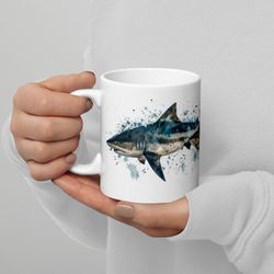 watercolor shark duo mug, ocean predator coffee cup, artistic marine life tea mug, unique shark lover gift, ceramic mug