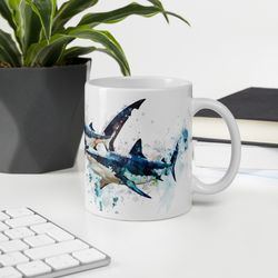 watercolor shark mug, ocean predator art, marine life coffee cup, fish illustration drinkware, unique sea animal mug, gi
