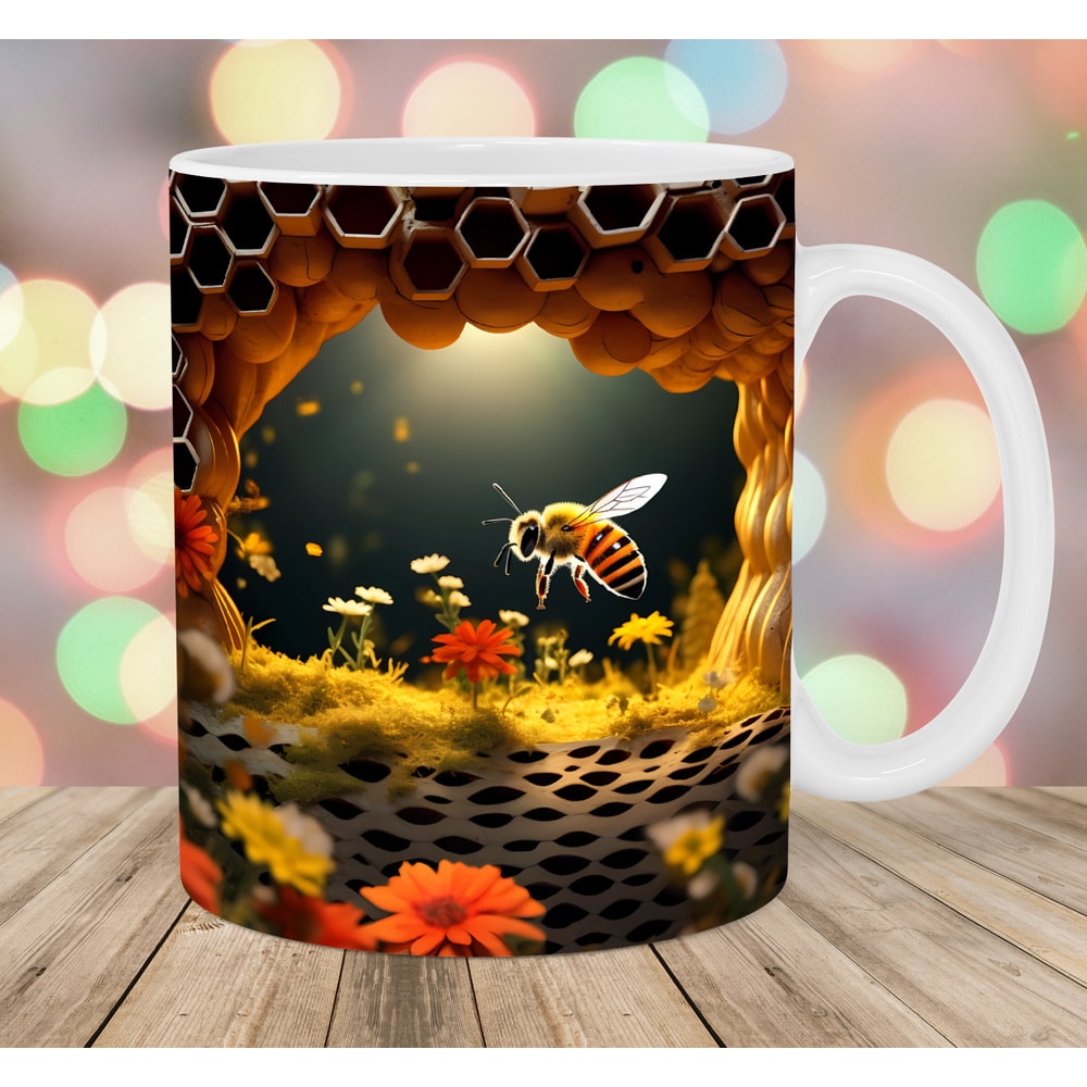 3D Bee Honeycomb Hole In A Wall Mug Wrap, 11oz & 15oz Mug Template, Mug Sublimation Design, Mug Wrap Template, Instant Digital Download PNG.jpg
