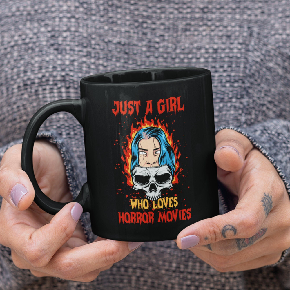 A Girl who Loves Horror Movies Mug - Movie Mugs, Film Nerd Cup, Movie Lover Gift, Gift for Her, Cinema Gifts, Goth Gift for Her, Scary Movie.jpg