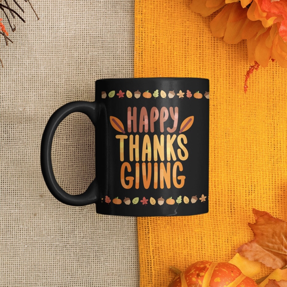 Happy Thanksgiving Mug - Thanksgiving Dinner Coffee Cup, Holiday Kitchen Drinkware, Leaves Acorns, Autumn Harvest Gift, Family Gathering.jpg