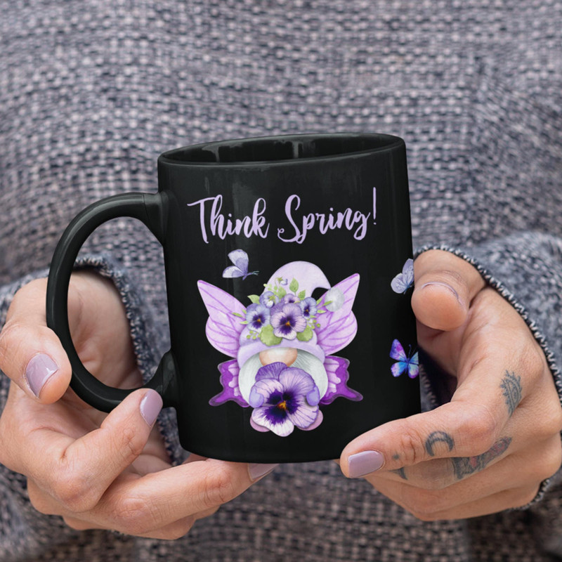 Think Spring Mug - Purple Garden Gnomes, Butterflies Mugs, Mug for Gift, Gifts for Mom, Gnome Coffee Cup, Garden Gift for Women, Springtime.jpg