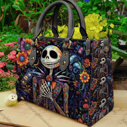 Jack Skellington Leather Women Bag, Skellington Flower Handbag, Custom Bag, Leather Tote Bag, Wallet, Travel Bag