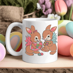 Retro Easter Mug with Bunnies holding Eggs,11 oz White Ceramic Mug, Easter Gift, Coffee Mug, Hot Chocolate Mug,Tea Mug