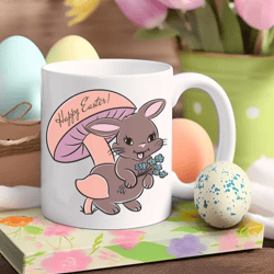 Retro Easter Mug with Bunny and Mushrooms,11 oz White Ceramic Mug, Easter Gift, Coffee Mug, Hot Chocolate Mug