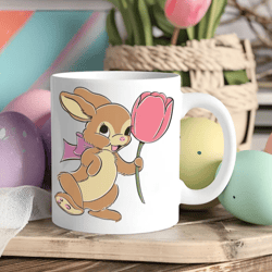 Retro Easter Mug with Bunny holding Tulip,11 oz White Ceramic Mug, Easter Gift, Coffee Mug, Hot Chocolate Mug, Tea Mug