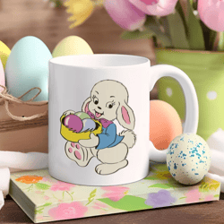 Retro Easter Mug with Bunny holding Eggs, Ceramic Mug, Easter Gift, Coffee Mug, Hot Chocolate Mug, Tea Mug