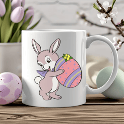 Retro Easter Mug with Bunny holding an Egg,11 oz White Ceramic Mug, Easter Gift, Coffee Mug, Hot Chocolate Mug,Tea Mug