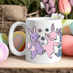 Retro Easter Mug with Dancing Bunnies, 11 oz White Ceramic Mug, Easter Gift, Coffee Mug, Hot Chocolate Mug, Tea Mug
