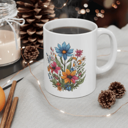 Colorful Flower Ceramic Mug 11oz, Cute Flowers Coffee Mug Gift For Her, Gift For Him, Gift For Wife