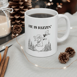 11oz he is rizzin' funny easter mug of jesus playing basketball, retro christian faith religious graphic coffee mug