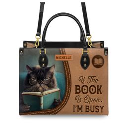 If The Book Is Open I'm Busy Leather HandBag, Woman Shoulder Bag,Shopping Bag, Book Handbag, Gift For Her