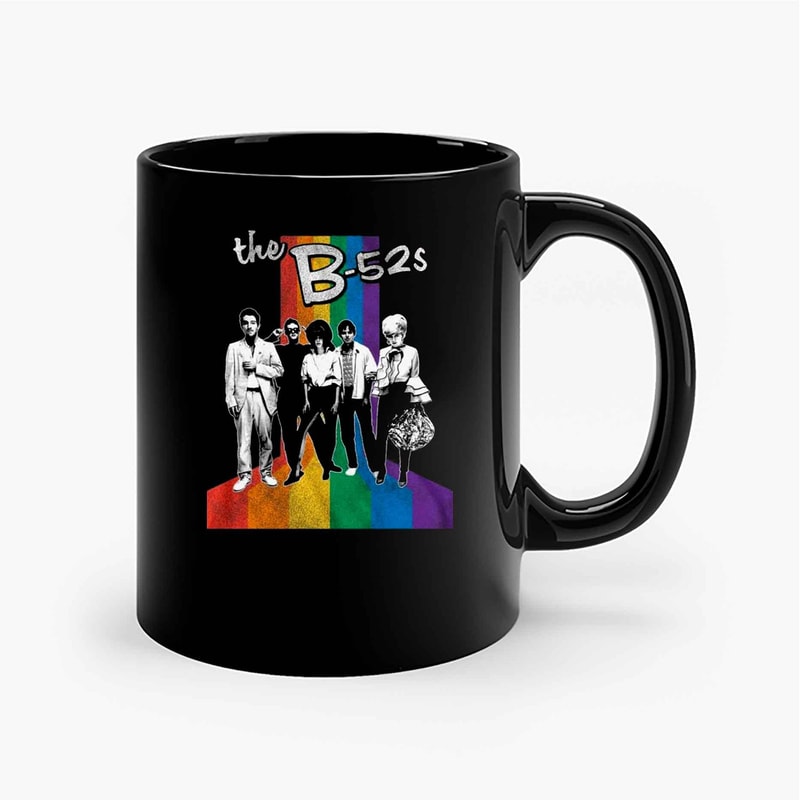 The B 52'S Band Photo With Rainbow Stripe Ceramic Mugs.jpg