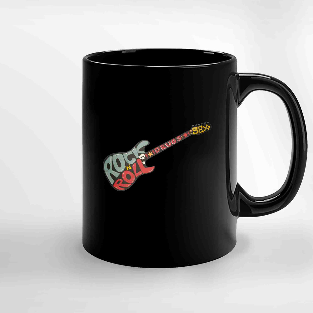 Rock N Roll Vintage Poster Rock And Roll Guitar Ceramic Mugs.jpg
