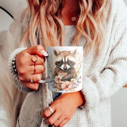 adorable baby raccoon watercolor floral ceramic mug, cute raccoon floral coffee cup, raccoon lover tea cup mug