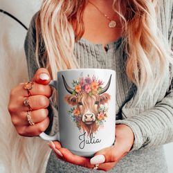 personalized highland cow mug, custom baby cow mug, gift for cow lovers