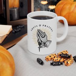 Thots and Prayers Mug, Praying Shocker Hands Holding Buttplug Rosary Coffee Mug 11oz, Funny Christianity Meme Gag Gift