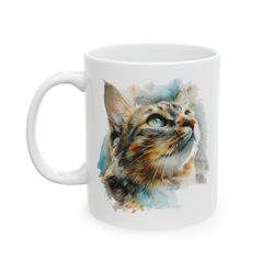 watercolor tabby cat mug, cute tabby cat sketch painting mug, cat lover's gift coffee cup