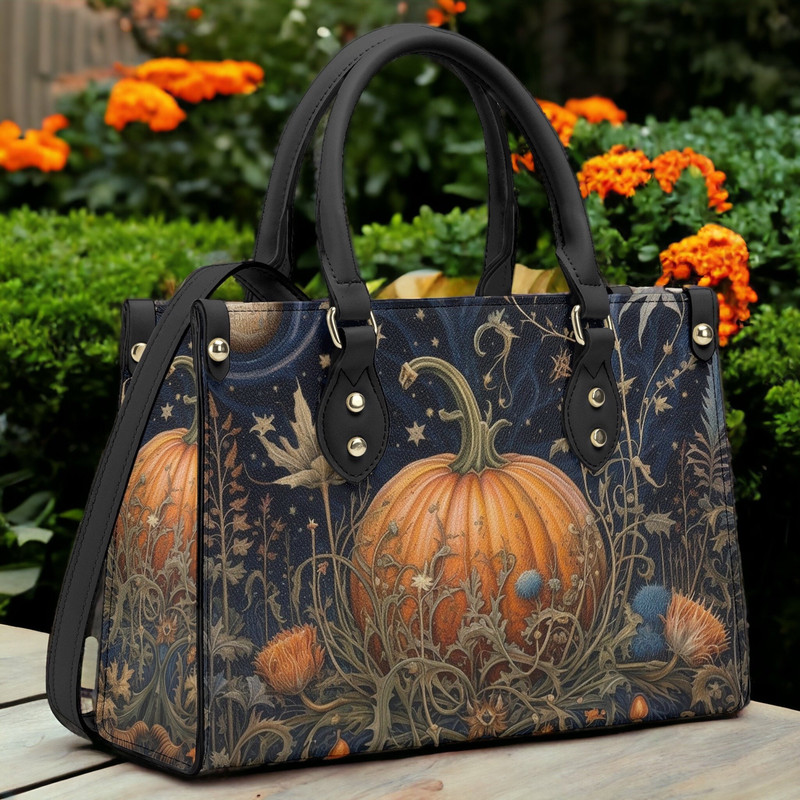 Gothic PU Leather Tote Bag, Cottagecore witch pumpkin Trendy Fashion Handbag, Dark academia Vegan Leather Handbag Gift Black Halloween Purse.jpg