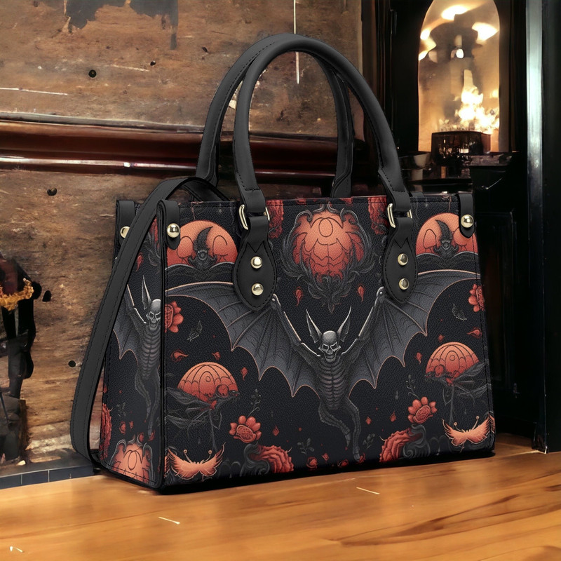 Halloween Bat Vegan Leather Bag, Horror Leather Bag, Dark Scoopy Halloween Dark Academia Handbag, Black Top Handle Bag, Gift For Halloween.jpg