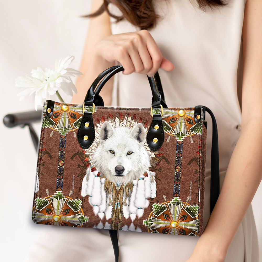 White Wolf With Headress Feathers Leather Bag, Leather Bag, Crossbody Bag, Shoulder Tote Bag, Woman Shoulder Bag, Mother's Day Gift.jpg