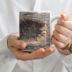 3d bookshelf sublimation mug, 3d effect realistic books mug, crack hole mug, artistic design, readersmug, book lover mug