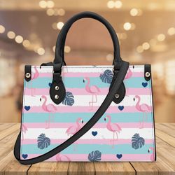 pink and blue striped flamingo faux leather purse, perfect for summer leather handbag