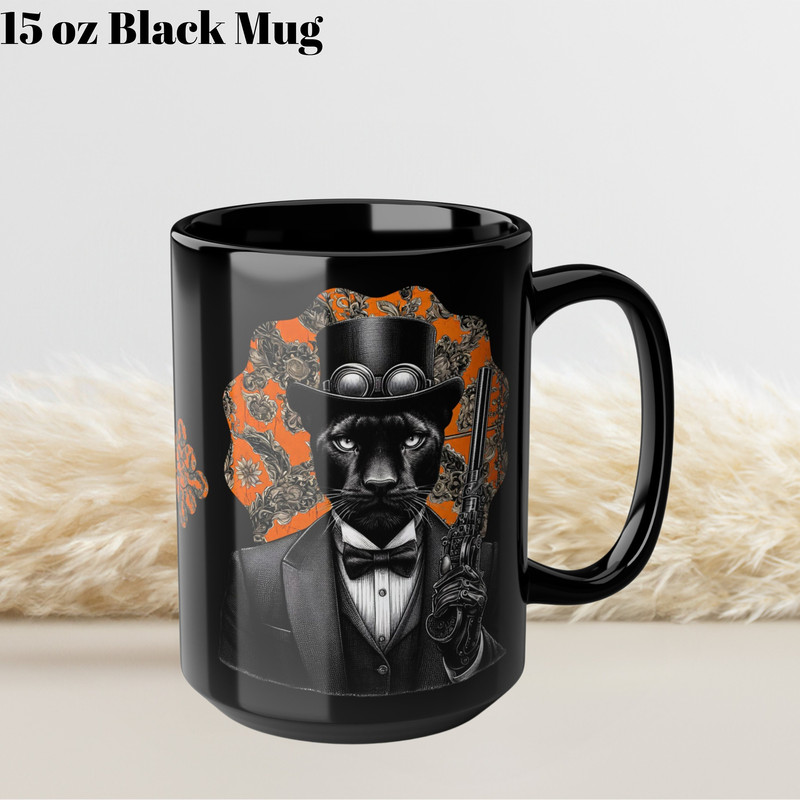 Black Mug Custom Puma Antique Pistol Tuxedo Mug, Adult Humor Mug for Him Men Husband, Windproof Goggles Black Cat Revolver Puma Prints Gift.jpg
