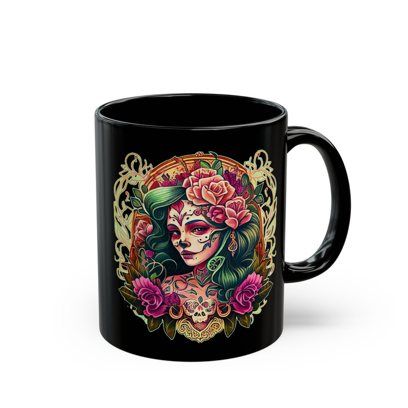 Santa Muerte, Skull Mug, Day Of The Dead, Black Ceramic Mug (11oz, 15oz).jpg
