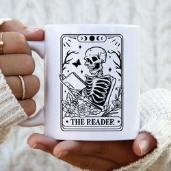 the reader tarot card mug, reading skeleton mug, tarot card mug, skeleton loves to read ceramic mug, coffee mug