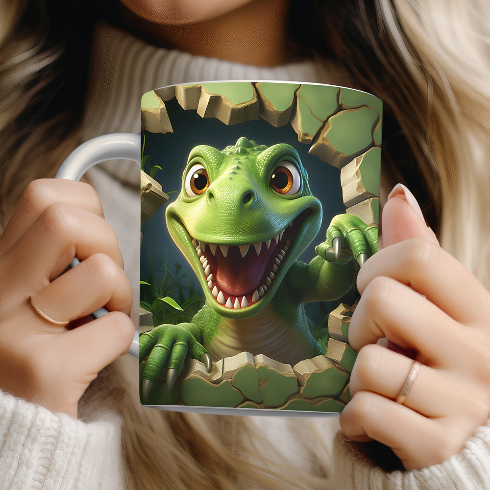 Dinosaur 3D Mug Wrap PNG Hole in Wall 3D Sport Sublimation Mug Designs for 11oz & 15oz Mug Template Instant Digital Download.jpg