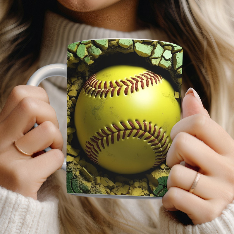 Softball 3D Mug Wrap PNG Hole in Wall 3D Baseball Sport Sublimation Mug Designs for 11oz & 15oz Mug Template Instant Digital Download.jpg