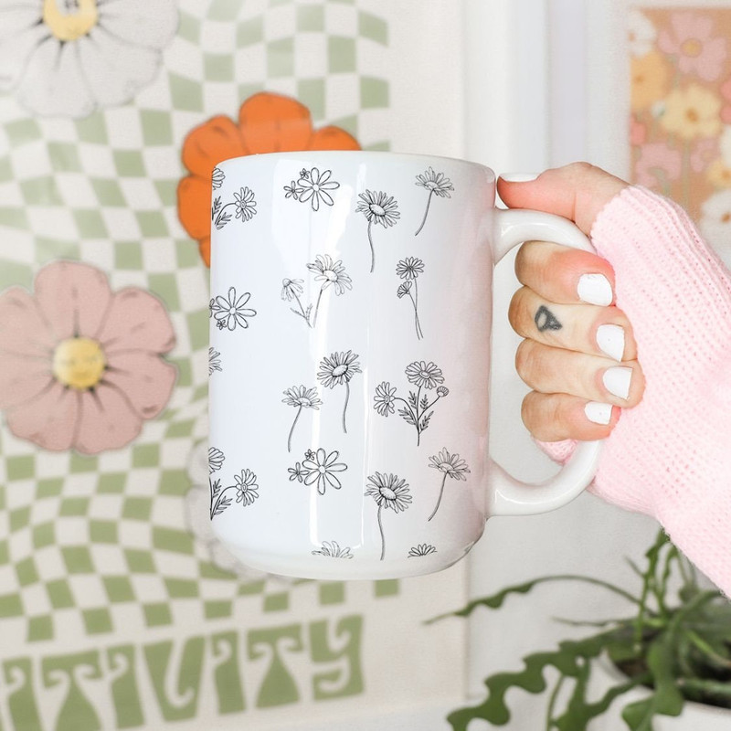 Daisy Mug, Birth Flower Mug, April Birth Flower, Flower Coffee Mug, Grandmas Garden Mug, Floral Cup, Plant Mom Mug, Mothers Day Gift.jpg