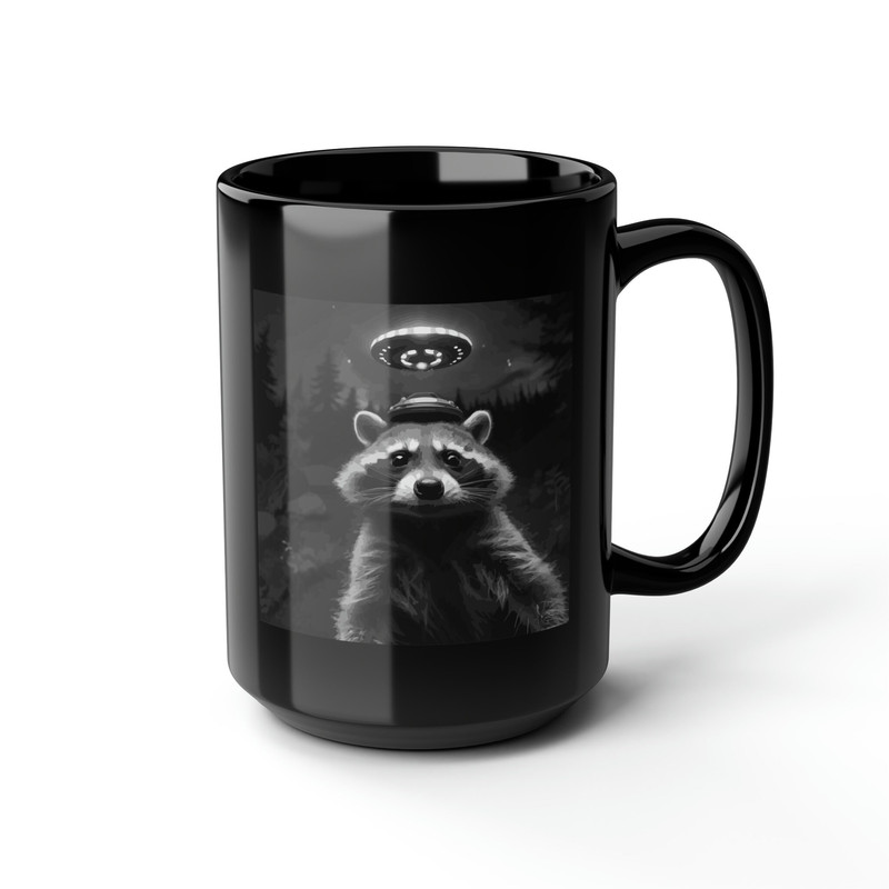 Black Mug (11oz, 15oz), UFO Raccoon Selfie Coffee Mug, Raccoon UFO Gifts..jpg