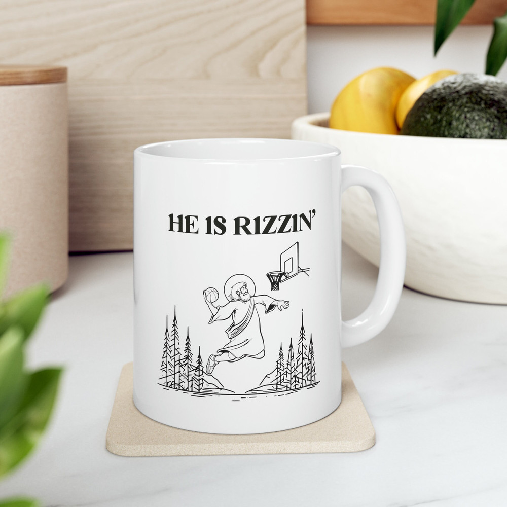 Ceramic Mug, 11oz He is Rizzin' Funny Easter mug of Jesus Playing Basketball, Retro Christian Faith Religious Graphic Coffee Mug.jpg
