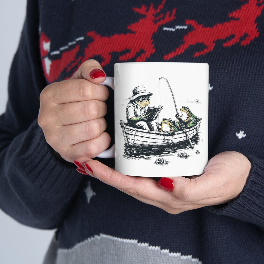 Ceramic Mug, 11oz, Retro Vintage Frog Reading Coffee Mug, Reader Gift, 90s Design.jpg