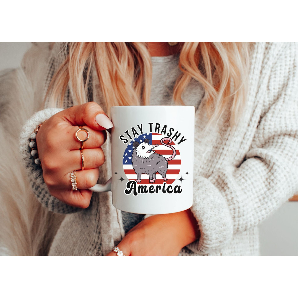 Funny Possum Mug, Stay Trashy Possum Ceramic Mug 11oz, Patriotic Mug, 4th of July Mug, Trashcore Mug, Independence Day Opossum Mug Gift.jpg