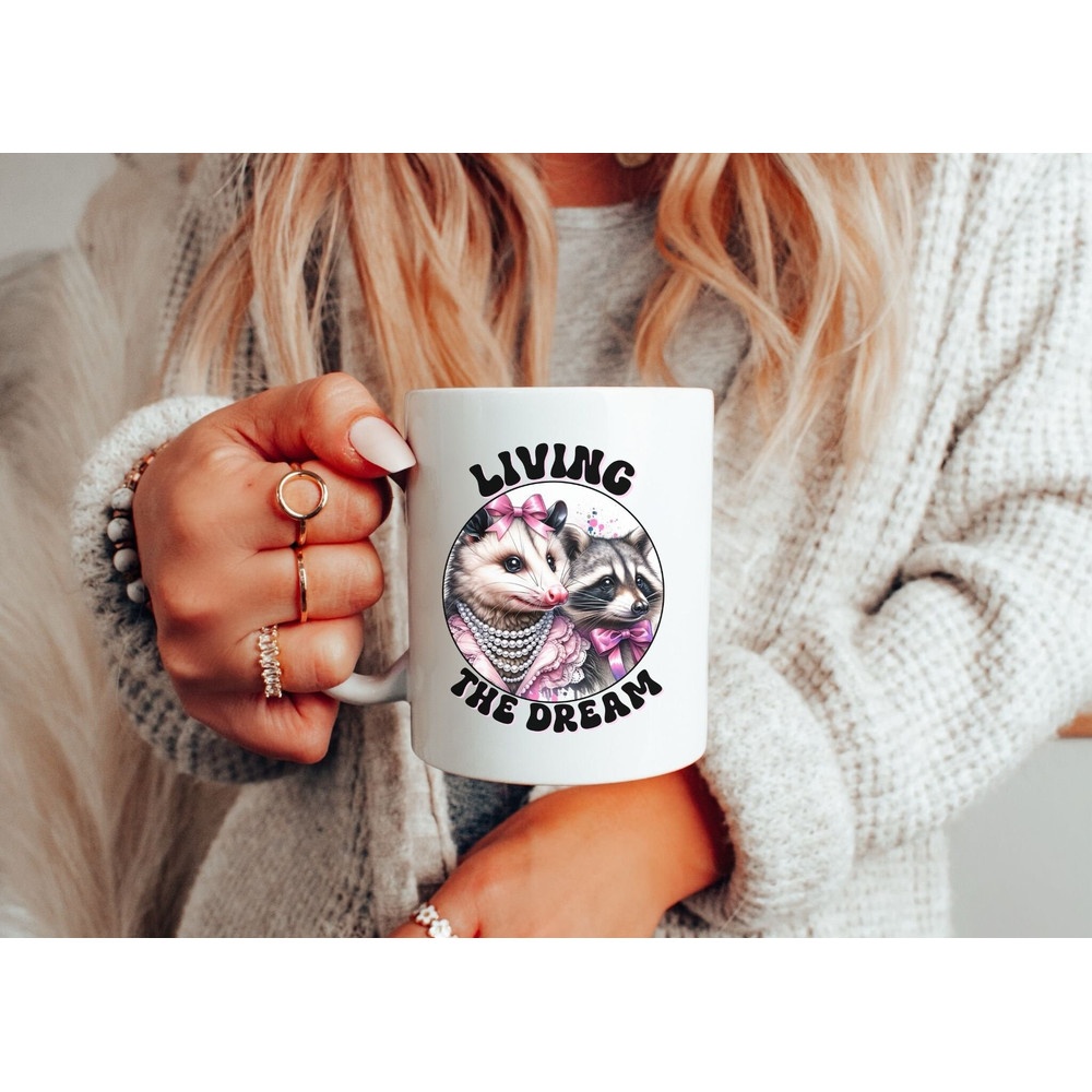 Possum and Raccoon Ceramic Mug, 11oz, Living the Dream, Funny Coquette Mug, Trashcore, Goblincore, Funny Mug Gift, Racoon Mug, Opossum Mug.jpg