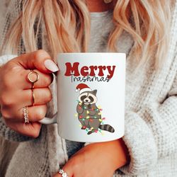 raccoon christmas mug, ceramic mug 11oz, merry trashmas coffee mug, trashcore mug, gift for animal lover, raccoon mom ho