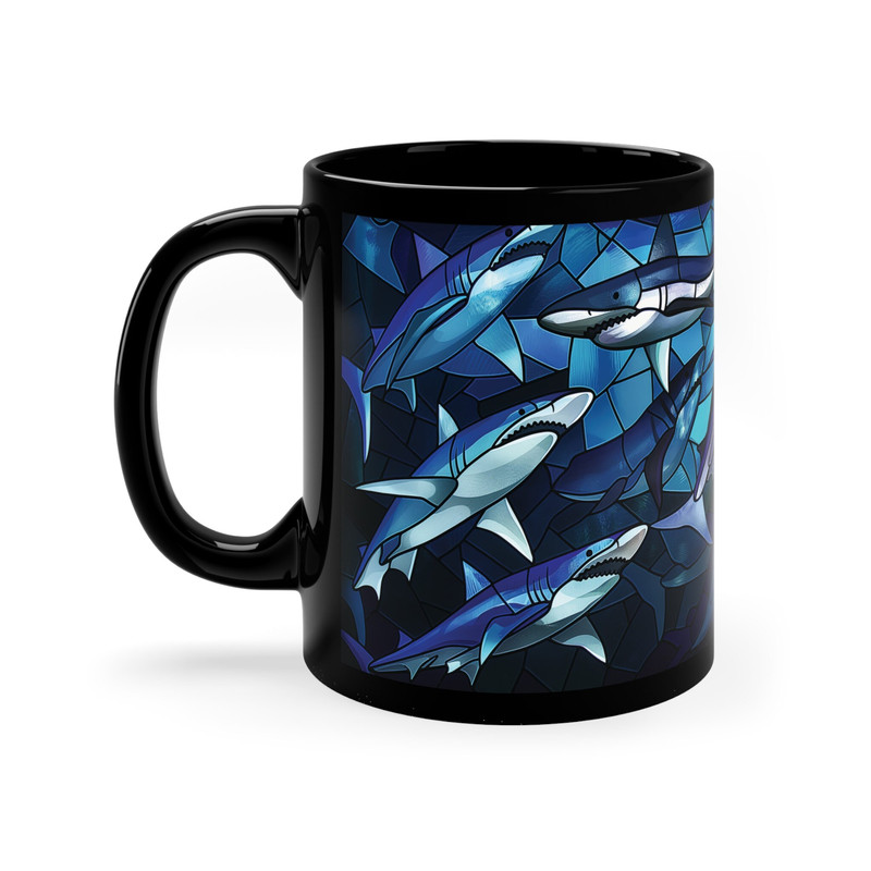 Shark Stained Glass 11oz Black Ceramic Mug, Shark Lover Gift, Shark Week Decor, Gift for Him, Gift for Her, Coworker Gift, Coffee Cup.jpg